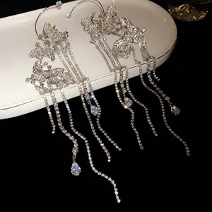 Elegant silver butterfly tassel ear cuffs with shimmering zircon stones for wedding party