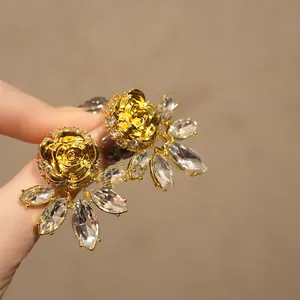 Pendientes de Botón Vintage Forma de Rosa Con Poste de Plata Aleación Oro Antiguo Strass Pendientes para Mujer Joyería