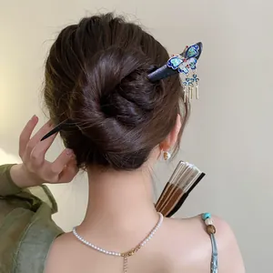 Elegant New Chinese style wooden butterfly hair stick with tassels for Hanfu styling