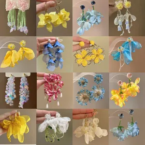 Bohemian Fabric Flower Drop Earrings For Women Summer Beach Vacation Sweet Forest Style Floral Dangle Earrings Handmade Jewelry
