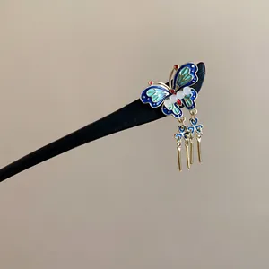 Elegant butterfly wooden hair stick with blue enamel and gold tassels for Hanfu accessories