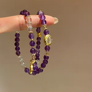 Bracciale di perline in ametista e quarzo con ciondolo a luna dorato, stile neo-cinese