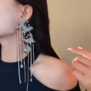 Exaggerated zircon rhinestone butterfly ear cuff with long tassel chains for party