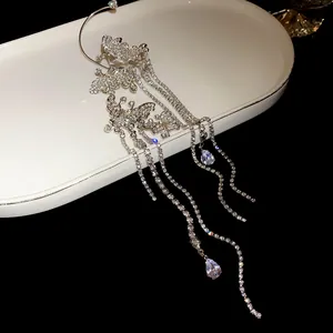 Exquisite silver butterfly ear cuff with sparkling long zircon crystal tassels