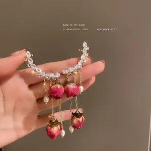 Elegant long tassel earrings with sparkling zircons and vintage dried rose pendants