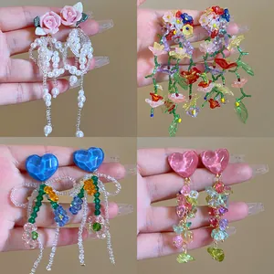 Glass Lampwork Heart Flower Drop Earrings With 925 Sterling Silver Earring Post Colorful Tassel Summer Sweet Jewelry For Women