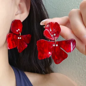 Elegant red resin flower drop earrings with rhinestones and silver needles for women