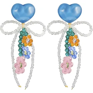 Vibrant dopamine style heart and flower beaded drop earrings with 925 silver needles