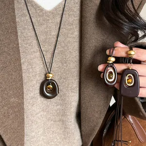 Collar Con Colgante de Piedra Ojo de Tigre Vintage Retro Ovalado Redondo Geométrico Incrustación de Resina Joyería de Moda Para Mujer Marrón Oro