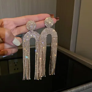 Exaggerated silver needle full rhinestone long tassel earrings for banquet bridal wear