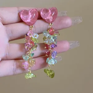 Vibrant heart drop earrings with colorful glass stones for a cheerful dopamine look.