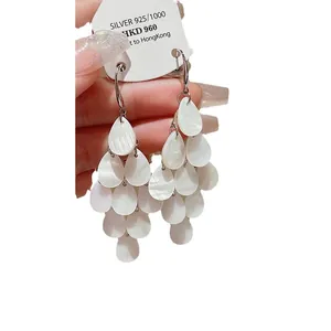 Elegant S925 silver water drop tassel earrings with pearly finish for women French style