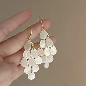 Elegant French vintage long tassel earrings featuring white water drop shell pieces