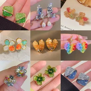 Alloy Rhinestone Square Stud Earrings With 925 Sterling Silver Post Contrast Color Geometric Flower Heart Butterfly Jewelry For Women