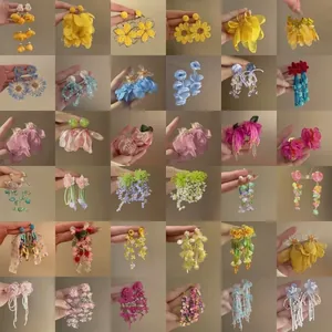 Handmade Fabric Flower Stud Earrings For Women Forest Style Sweet Floral Drop Earrings Summer Beach Vacation Fashion Accessories