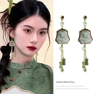 New Chinese Style Bamboo Ink Wash Painting Dangle Earrings Vintage Alloy Gold Silver Plated Jewelry With Silver Earring Post For Women