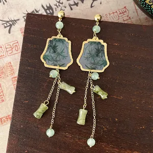 Macro view of Chinese style earrings featuring bamboo ink painting and elegant jade beads