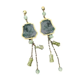 Elegant New Chinese style earrings with green bamboo nodes and ink wash painting pattern
