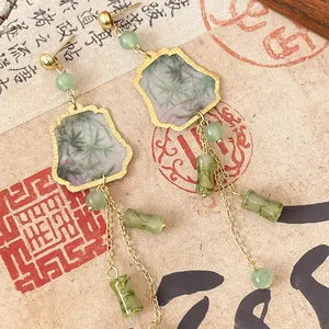 Detailed macro view of New Chinese style earrings with ink painting and green bamboo beads