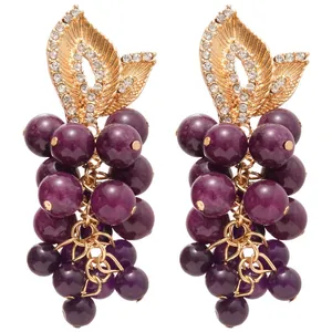 Elegant French style purple grape cluster earrings with gold leaf and zircon details