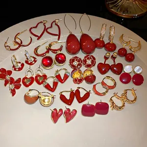 Vintage Gold Plated Red Enamel Heart Stud Earrings For Women Light Luxury Red Drop Flower Earrings With Rhinestone Artificial Pearl