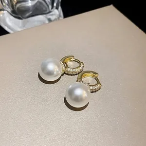 Elegant 18K gold plated hoop earrings with micro-pave cubic zirconia and large white pearls