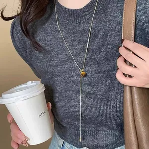 Vintage 14K Gold Plated Tiger Eye Stone Pendant Necklace For Women Retro Maillard Style Clavicle Chain Fashion Jewelry