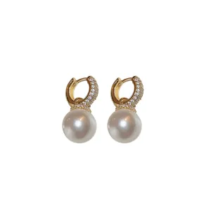 Elegant gold plated zircon pearl drop hoop earrings with a minimalist aesthetic style