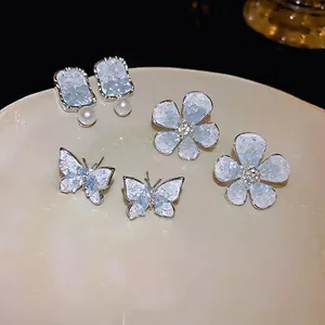 Korean Fashion 925 Sterling Silver Earring Post Artificial Crystal Pearl Stud Earrings Blue Square Butterfly Flower Earrings For Women Jewelry