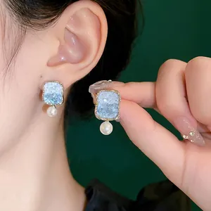 Elegant Korean style silver needle square blue crystal earrings with white pearl drop