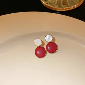 Elegant red and white double-circle stud earrings with high-end gold plating detail