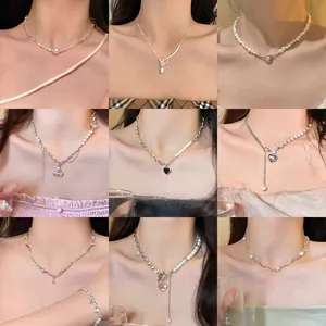 French Vintage Baroque Artificial Pearl Pendant Necklace For Women Elegant Gold Silver Alloy Rhinestone Heart Floral Choker Necklace Jewelry