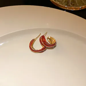 Close-up of elegant red enamel and gold-plated hoop earrings on a plate
