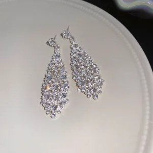 Dettaglio ravvicinato di orecchini pendenti in argento con zirconi scintillanti