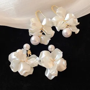 18K Gold Plated Flower Petal Dangle Earrings For Women Elegant Pearl Tassel Earrings White Rhinestone Floral Jewelry