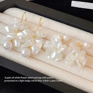 Elegant 18K real gold plated pearl flower petal drop earrings and stud jewelry set