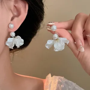 Elegant 18K gold plated silver needle pearl flower petal drop earrings for women