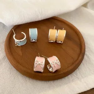 Korean Style Sweet Bowknot Stud Earrings For Women Light Luxury Enamel C-Shaped Drop Earrings With Silver Post Jewelry