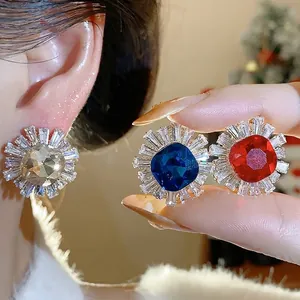 Vintage zircon geometric stud earrings with silver, blue, and red stones for women