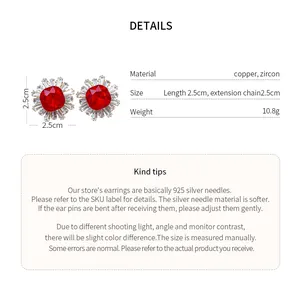 Detailed specs for vintage red zircon stud earrings with material and size measurements