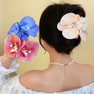 Handmade Fabric Flower Artificial Pearl Duckbill Clip Elegant Orchid Hair Clip For Seaside Vacation Hair Accessory Women