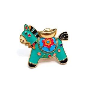 Elegant enamel horse brooch with gold ingot, New Chinese style festive accessory for suits