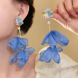 Women Blue Chiffon Flower Tassel Earrings Handmade Glass Seed Bead Artificial Pearl Vacation Style Drop Earrings Jewelry