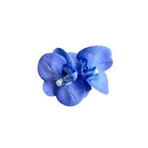 Elegant blue fabric orchid flower hair clip with pearl center for summer beach vacation style