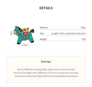 Detail view of colorful enamel horse brooch with specifications and material details.