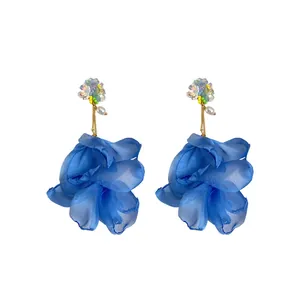 Elegant blue chiffon flower drop earrings featuring colorful glass beads and pearl accents
