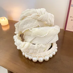 Elegante weiße Perlen- und Netzschwamm-Haarbänder für Damen, Haarschmuck im koreanischen Stil.
