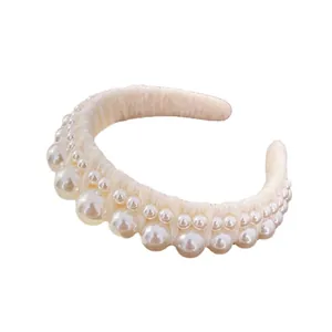 Eleganter Stirnband aus beiger Gaze mit weißen Perlen für Damen, Vintage-Stil