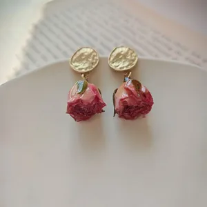 Handmade Preserved Rose Flower Drop Earrings For Women Elegant Forest Style Hammered Gold Plated Jewelry Romantic Gift