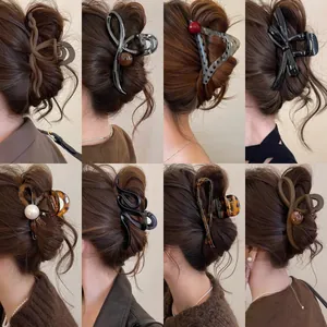 Korean Vintage Large Bow Hair Claw Clip For Women High End Elegant Acrylic Shark Clip Coffee Black Leopard Hair Accessories